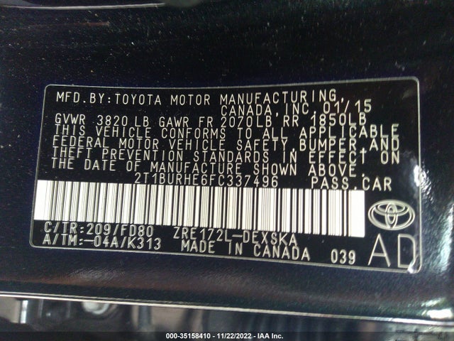 Toyota Corolla S 2015 2T1BURHE6FC337496 Image 10