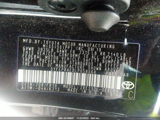 2020 Toyota Corolla, VIN: 5YFEPRAE0LP058068