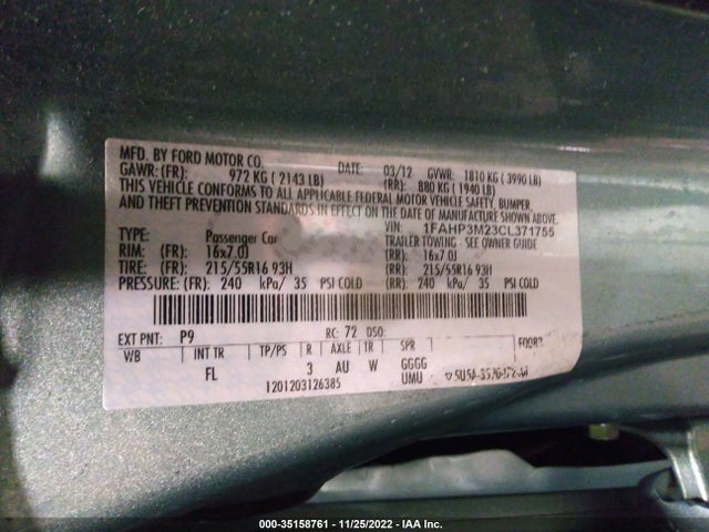 2012 FORD FOCUS SEL VIN: 1FAHP3M23CL371755
