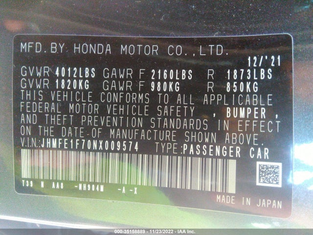 2022 HONDA CIVIC SEDAN EX VIN: JHMFE1F70NX009574