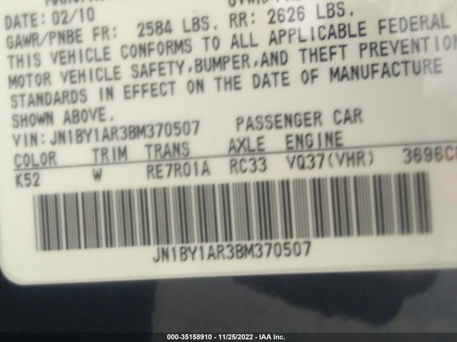 35158910 :رقم المزاد ، JN1BY1AR3BM370507 vin ، 2011 Infiniti M37 مزاد بيع