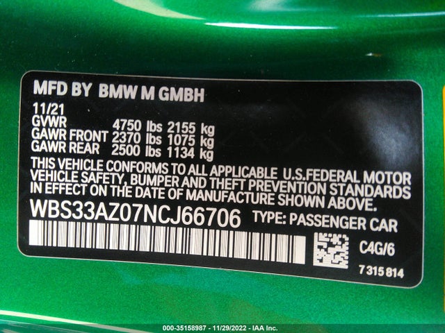 2022 BMW M4, VIN: WBS33AZ07NCJ66706