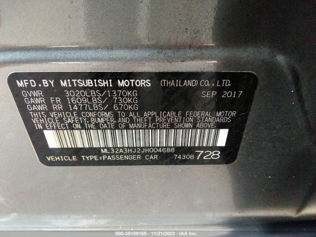 2018 Mitsubishi Mirage, VIN: ML32A3HJ2JH004688