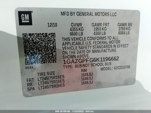 Chevrolet Express Passenger Lt 2019 1GAZGPFG6K1196662 Image 10