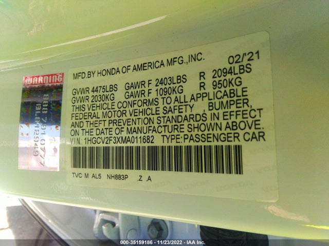 2021 HONDA ACCORD SEDAN SPORT VIN: 1HGCV2F3XMA011682