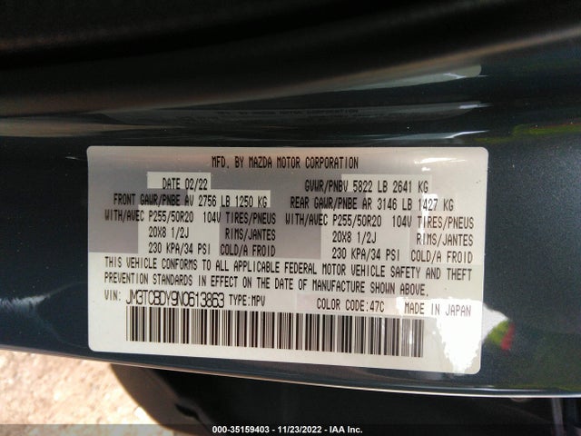2022 Mazda CX-9, VIN: JM3TCBDY9N0613863