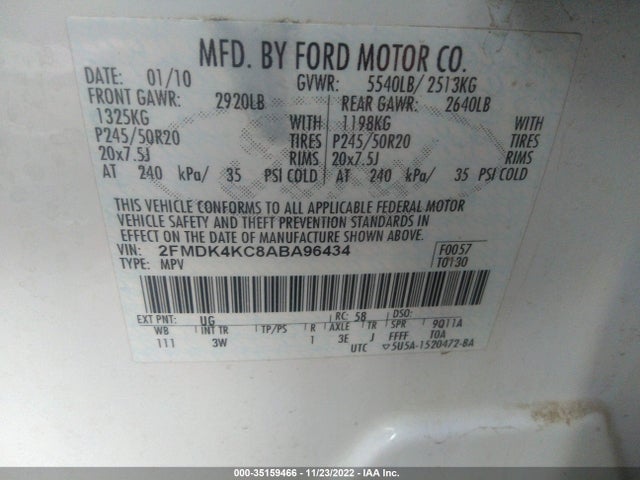 2010 FORD EDGE LIMITED VIN: 2FMDK4KC8ABA96434