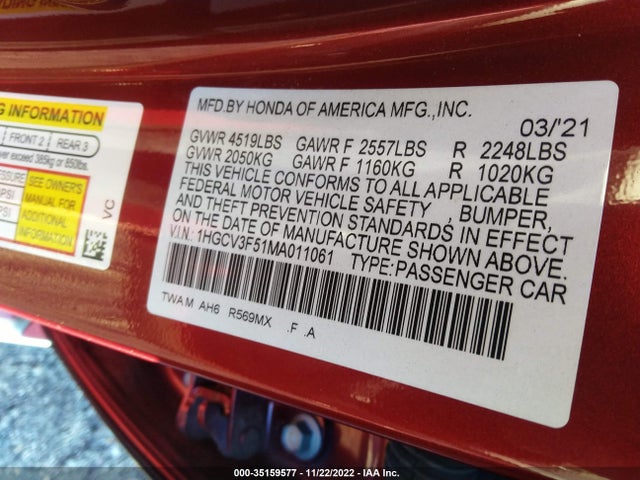 2021 Honda Accord, VIN: 1HGCV3F51MA011061