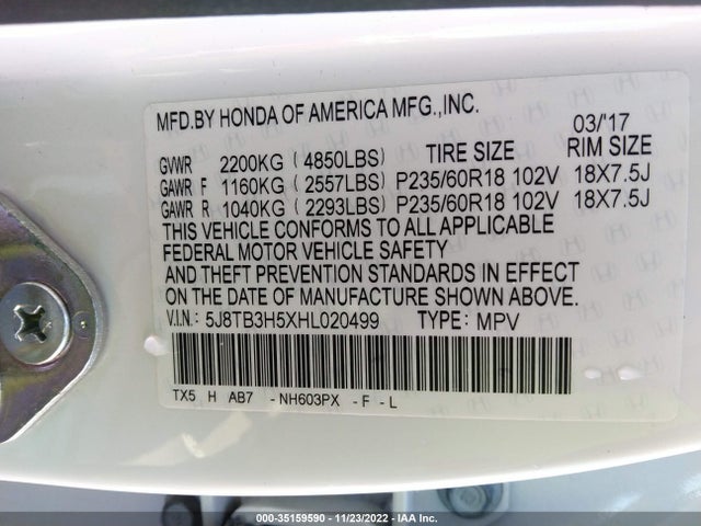 2017 Acura RDX, VIN: 5J8TB3H5XHL020499