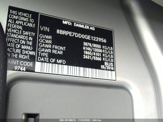 2016 Mercedes-Benz Sprinter, VIN: 8BRPE7DD0GE122956