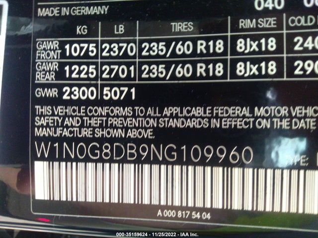 2022 Mercedes-Benz GLC-Class, VIN: W1N0G8DB9NG109960