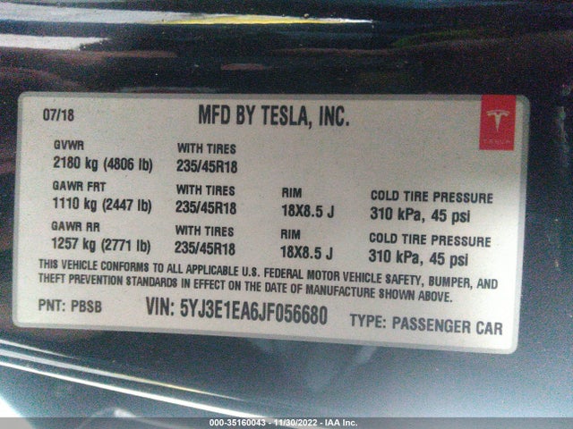 Tesla Model 3 Range Battery 2018 5YJ3E1EA6JF056680 Image 10