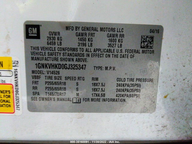 Chevrolet Traverse Lt 2016 1GNKVHKD0GJ325347 Image 10