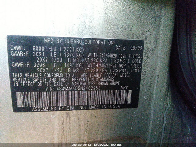 Subaru Ascent Limited 2022 4S4WMAKD5N3462253 Image 9
