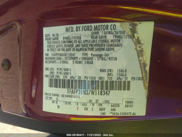 2007 FORD FOCUS S/SE/SES VIN: 1FAFP31N37W118347