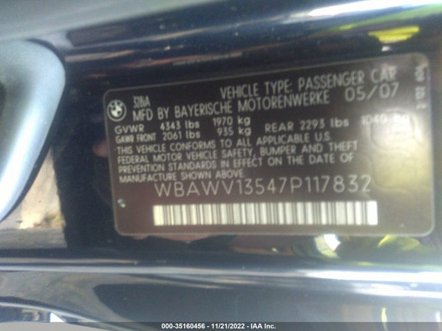 2007 BMW 3 SERIES 328I VIN: WBAWV13547P117832