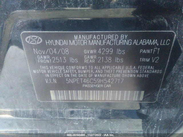 2009 HYUNDAI SONATA GLS VIN: 5NPET46C59H542717