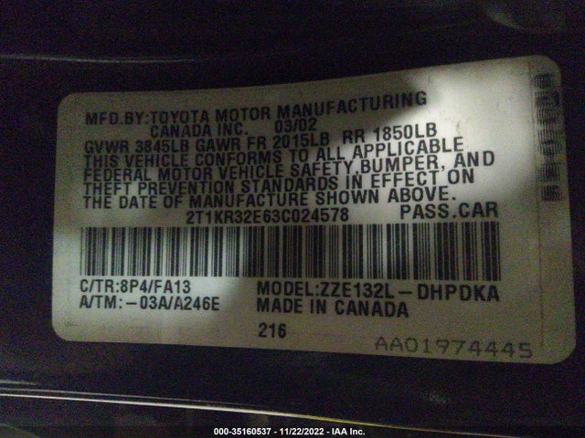 2003 TOYOTA MATRIX STD/XR VIN: 2T1KR32E63C024578