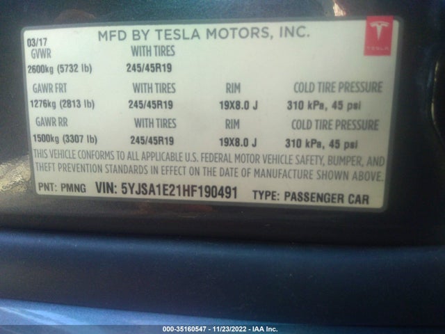 Tesla Model S 100d/90d/75d/60d/p100d 2017 5YJSA1E21HF190491 Image 9