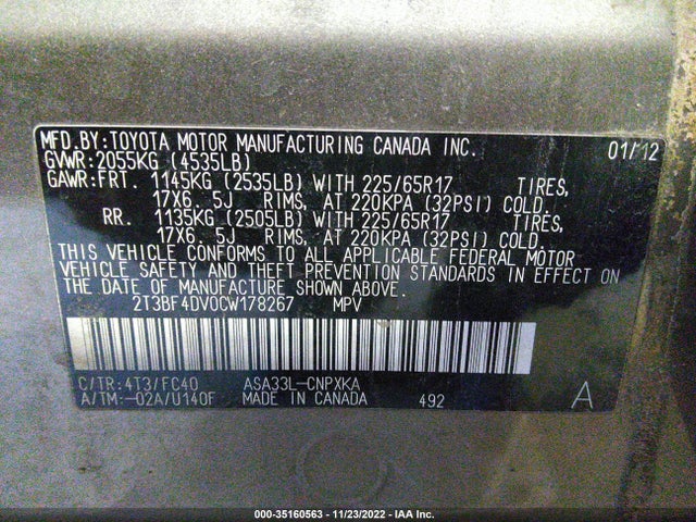 2012 TOYOTA RAV4 VIN: 2T3BF4DV0CW178267