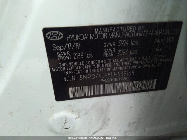 2020 HYUNDAI ELANTRA SE VIN: 5NPD74LF8LH539168