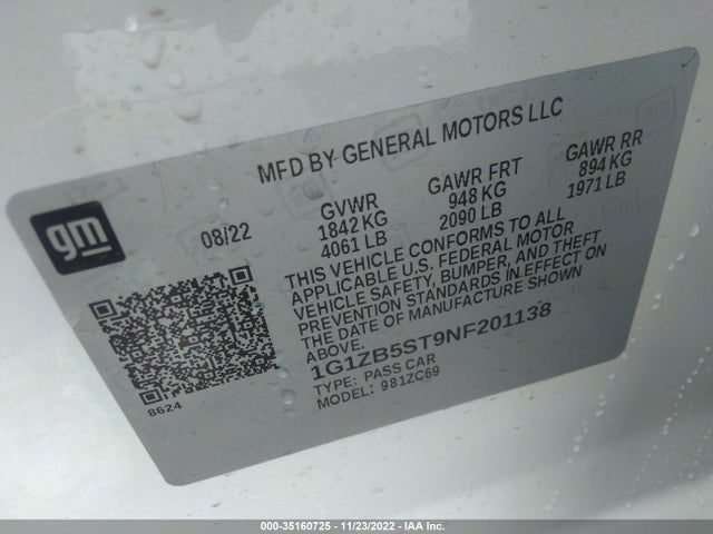 2022 Chevrolet Malibu, VIN: 1G1ZB5ST9NF201138