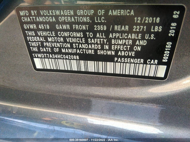 1VWDT7A34HC042088 Volkswagen Passat R-line W/comfort Pkg