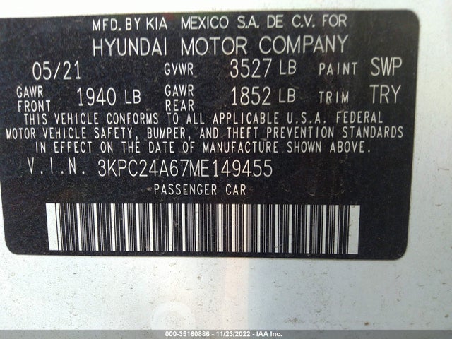 2021 Hyundai Accent, VIN: 3KPC24A67ME149455