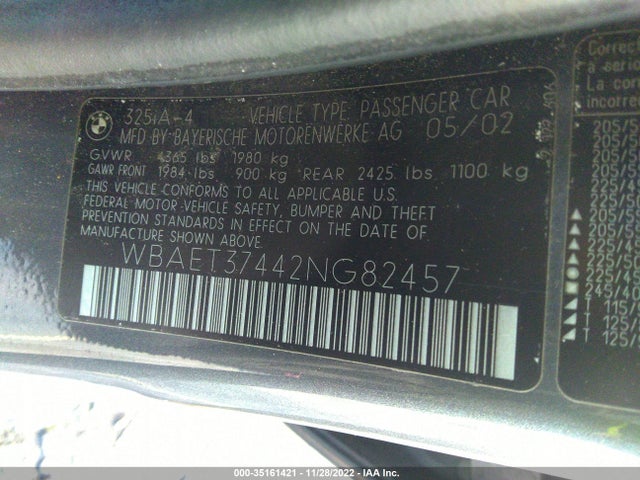 Aukcja sprzedaży 2002 Bmw 3 Series 325i, vin: WBAET37442NG82457, numer aukcji: 35161421