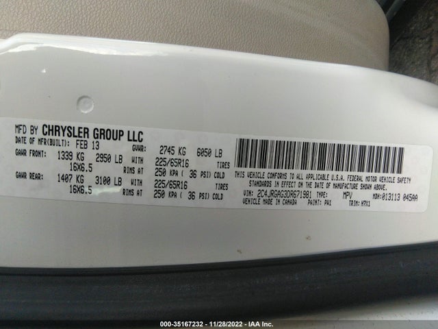 2013 RAM CARGO VAN TRADESMAN VIN: 2C4JRGAG3DR671981