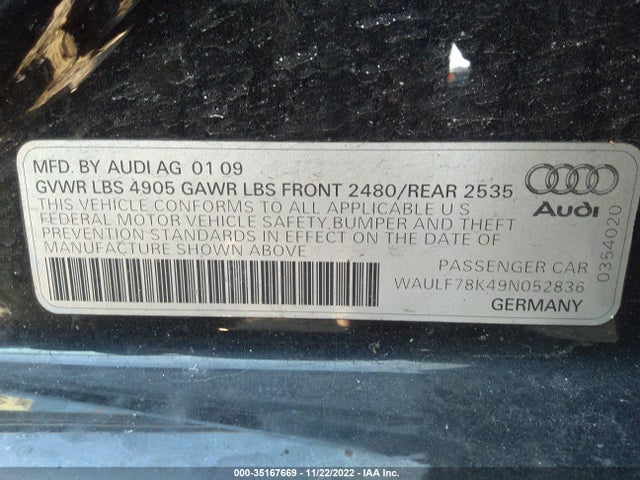 2009 AUDI A4 2.0T PREM VIN: WAULF78K49N052836