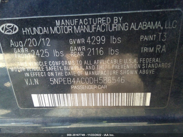 2013 HYUNDAI SONATA GLS VIN: 5NPEB4AC0DH586546