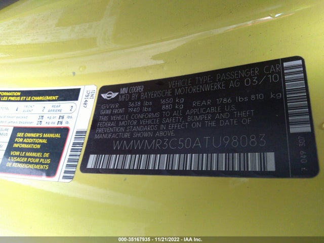 Mini COOPER CONVERTIBLE 2010 WMWMR3C50ATU98083 Image 10