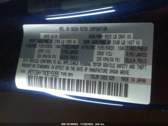 2022 Mazda CX-9, VIN: JM3TCBAY7N0615065