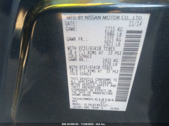 2015 Nissan Pathfinder, VIN: 5N1AR2MM9FC618584