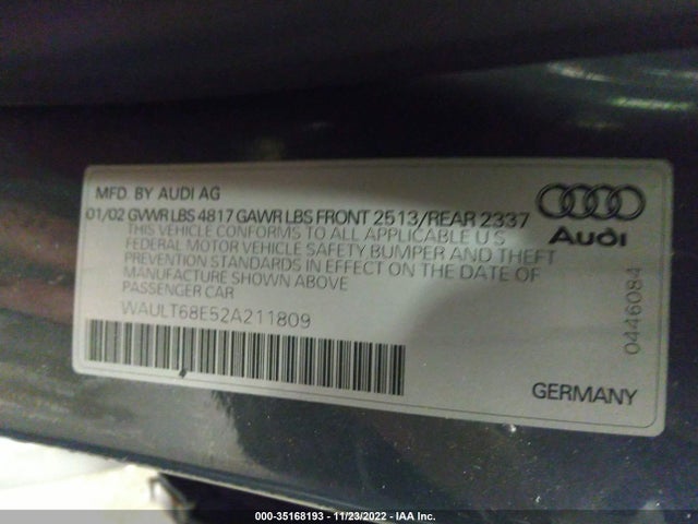 2002 AUDI A4 3.0L VIN: WAULT68E52A211809