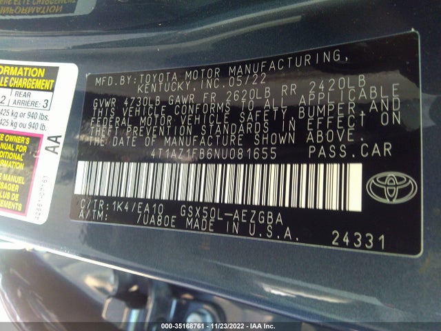 2022 Toyota Avalon, VIN: 4T1AZ1FB6NU081655