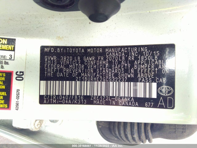 2016 TOYOTA COROLLA L/LE/S/S PLUS/LE PLUS VIN: 2T1BURHE2GC532237