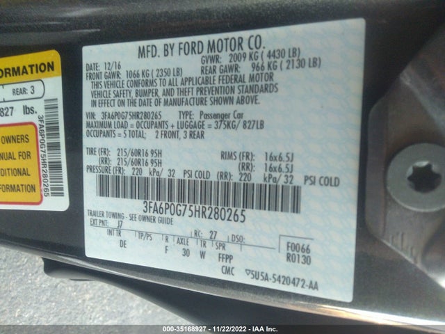 2017 FORD FUSION S VIN: 3FA6P0G75HR280265