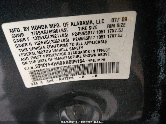 2010 HONDA PILOT TOURING VIN: 5FNYF4H99AB009164