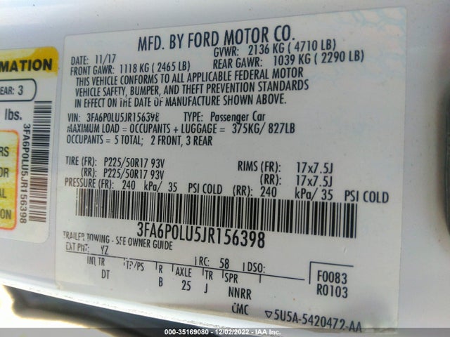 2018 Ford Fusion, VIN: 3FA6P0LU5JR156398