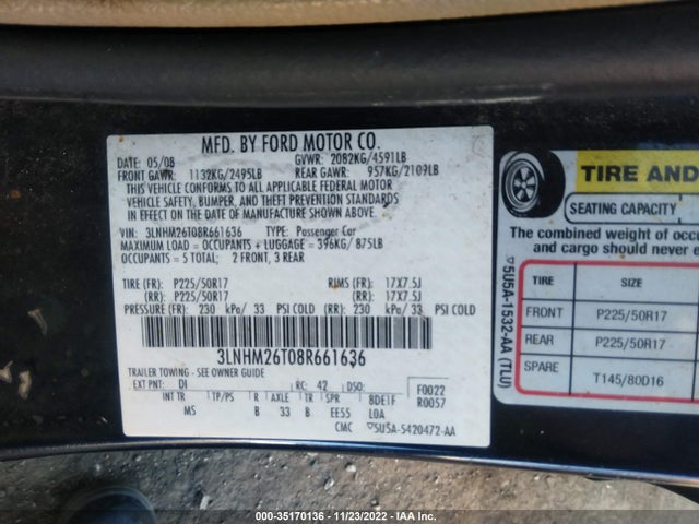 Lincoln MKZ 2008 3LNHM26T08R661636 Image 10