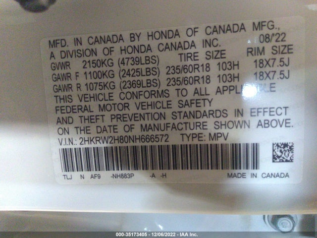2022 Honda CR-V, VIN: 2HKRW2H80NH666572