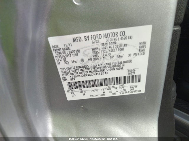 2012 FORD ESCAPE LIMITED VIN: 1FMCU0EG8CKB52815