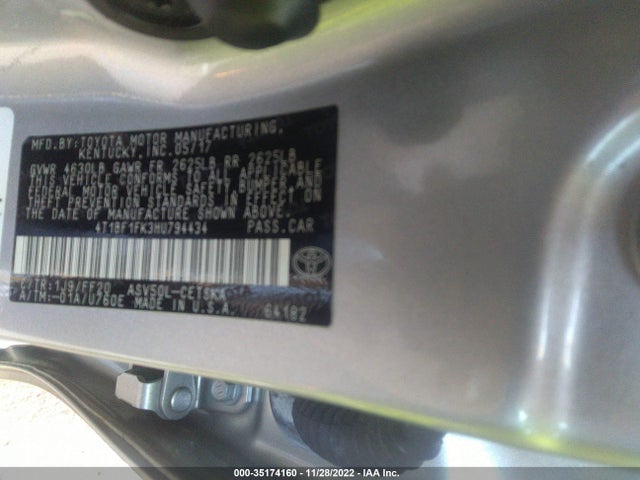 2017 TOYOTA CAMRY XLE/SE/LE/XSE VIN: 4T1BF1FK3HU794434