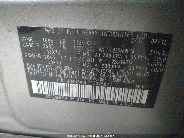 2015 SUBARU OUTBACK 2.5I LIMITED VIN: 4S4BSAJC7F3325622