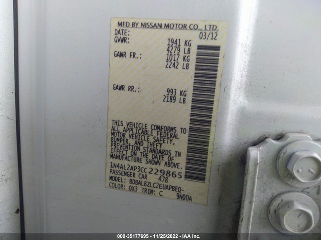 2012 NISSAN ALTIMA 2.5 SL VIN: 1N4AL2AP3CC229865