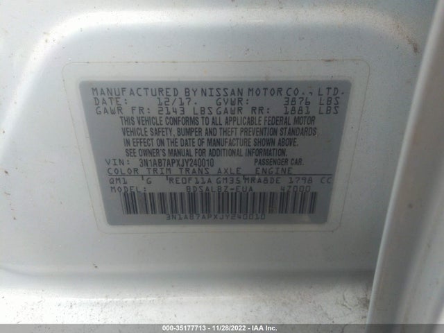 2018 NISSAN SENTRA S VIN: 3N1AB7APXJY240010