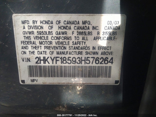 2003 HONDA PILOT EX VIN: 2HKYF18593H576264