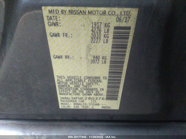2017 NISSAN ALTIMA 2.5 SV VIN: 1N4AL3AP5HC280376